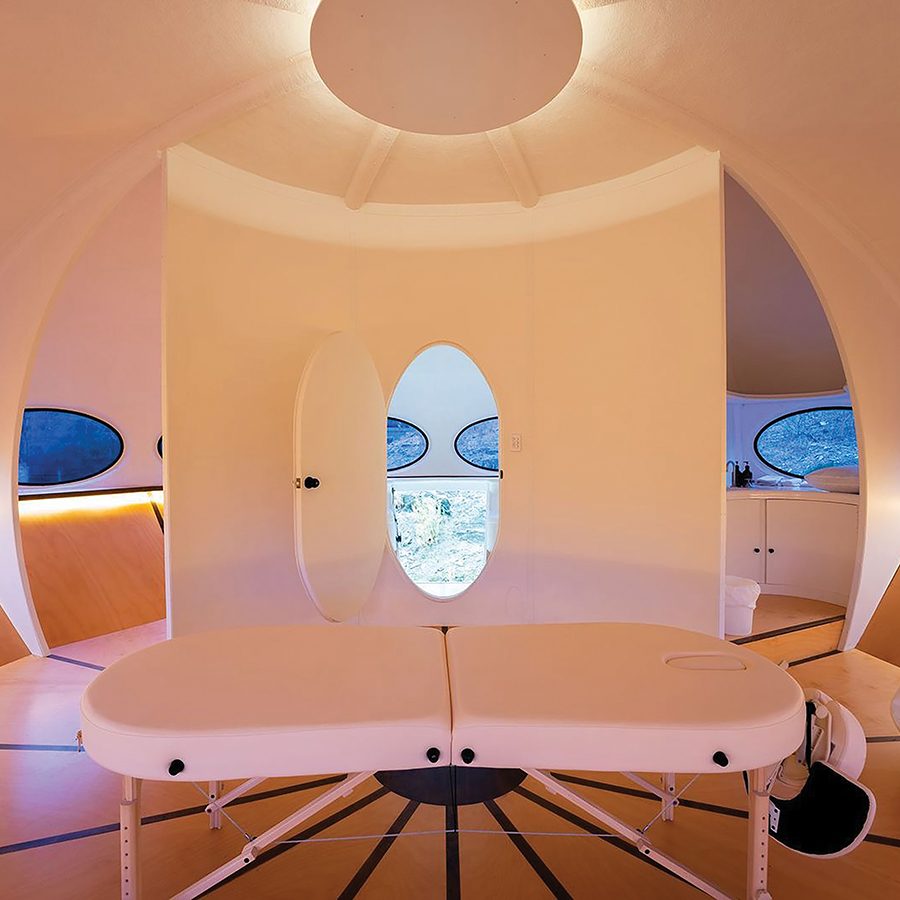 Spa table set up at a Futuro House