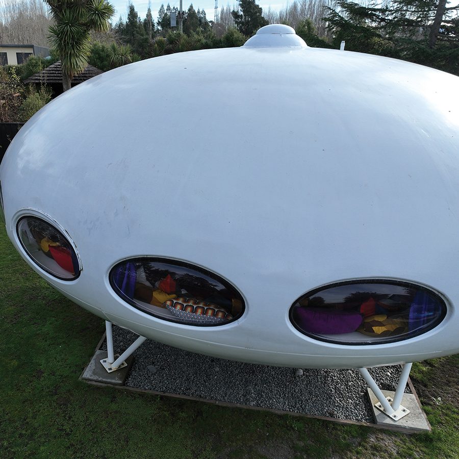 Close up shot of a Futuro House in the daytime