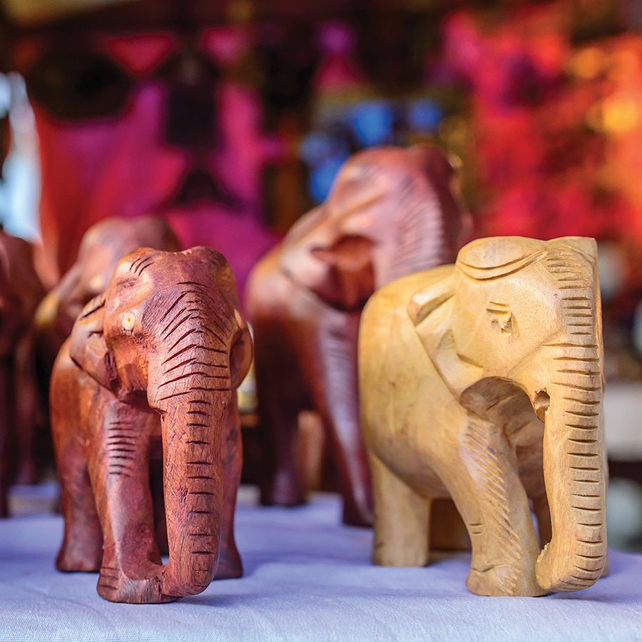 Handcrafted wooden elephants at Dilli Haat