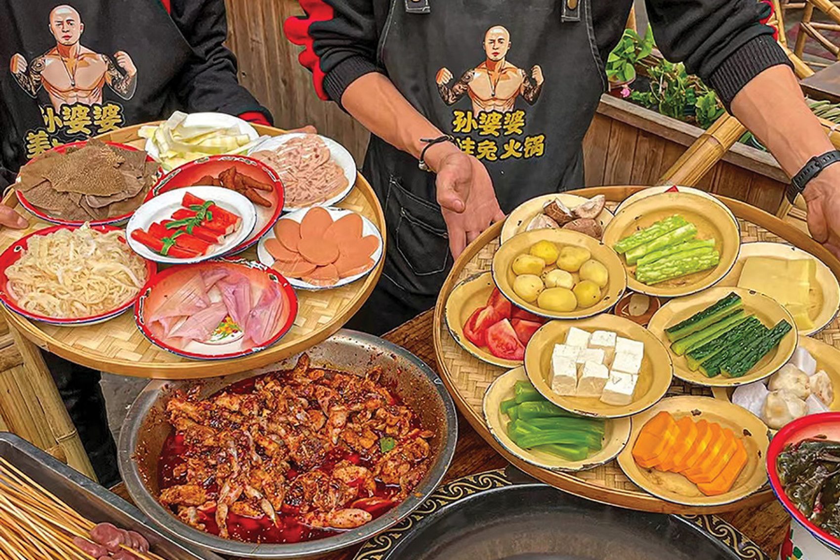 Bamboo trays covered in hot pot ingredients at Sun Popo Mei Wa Tu Huoguo, Chengdu