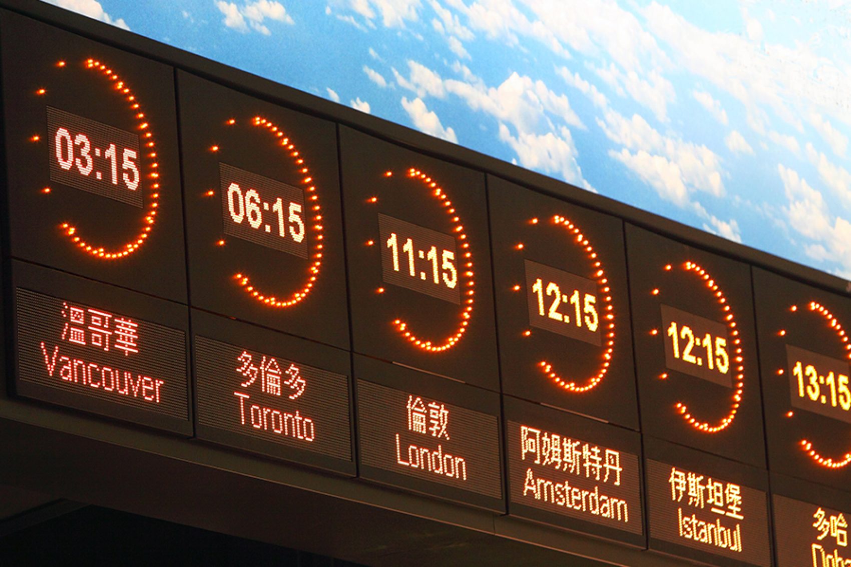A digital display against a blue sky showing the time and city names in English and Chinese. The cities are Vancouver, Toronto, London, Amsterdam, Istanbul and Doha. 