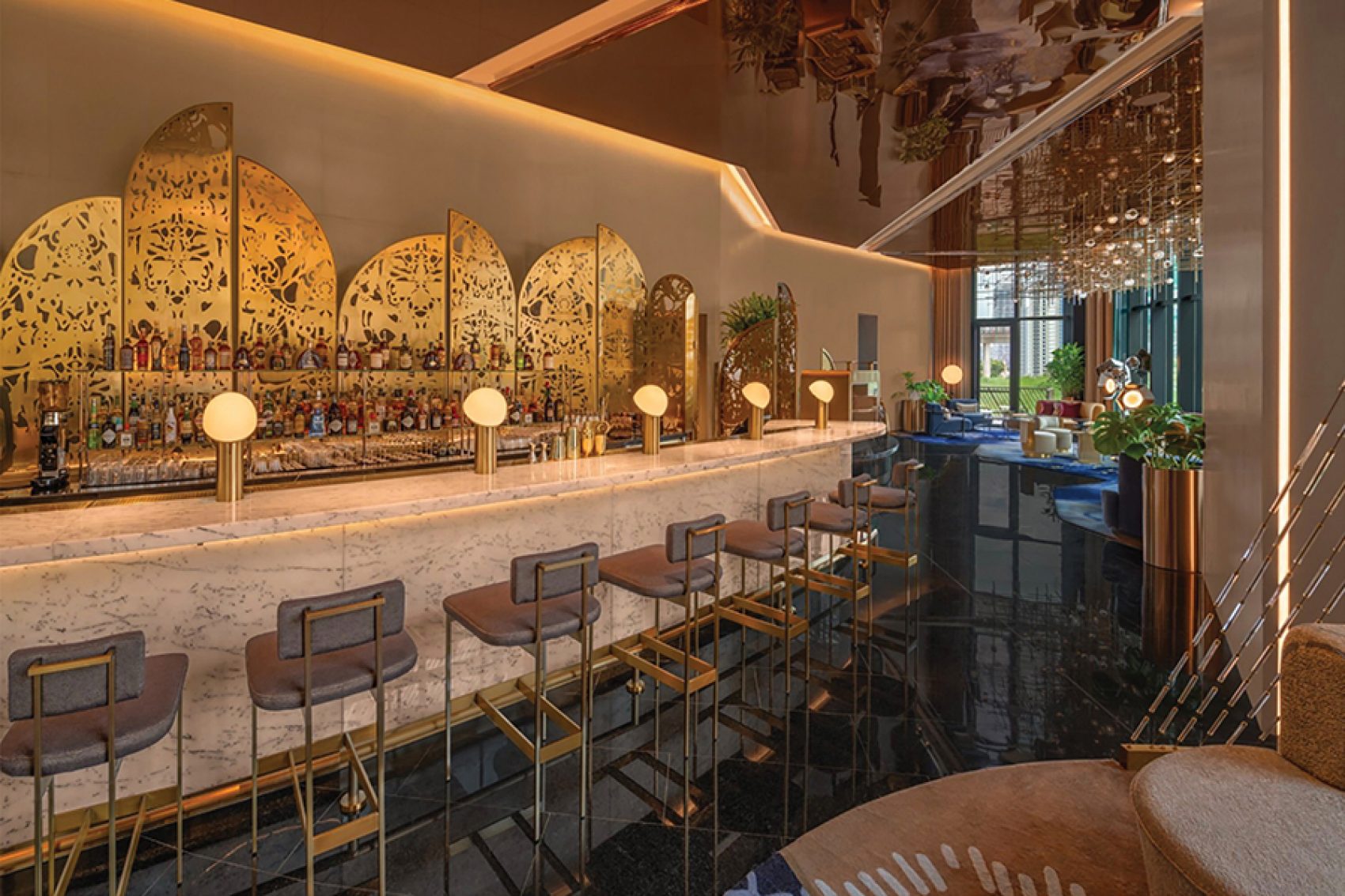 The interior of Living Room at W Macau - Studio City, which is a coffee shop by day and cocktail bar by night
