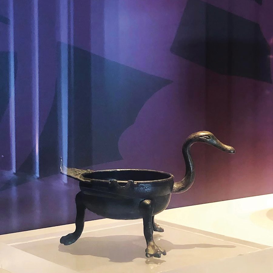 A bronze goose-neck lamp from the Zhongshan Museum’s Heroes in the Era of Emperor Wu of Han Dynasty exhibition