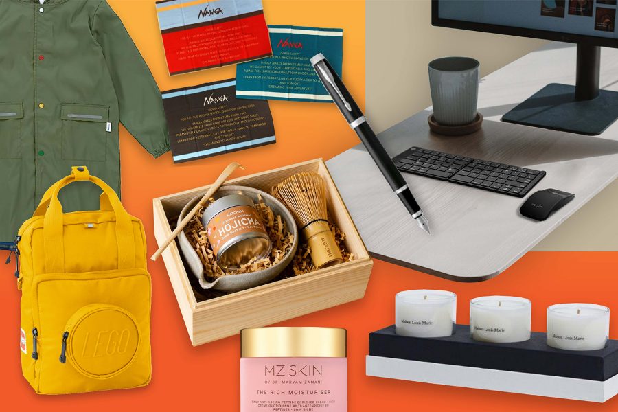 A collage of products from the Cathay Shop on a burnt orange background.