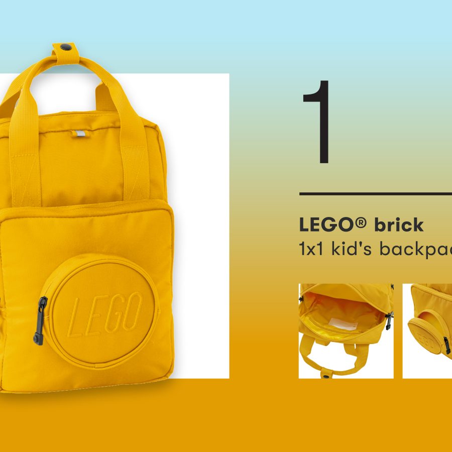A yellow backpack with a LEGO logo, Close-up of the inside of a yellow LEGO backpack.