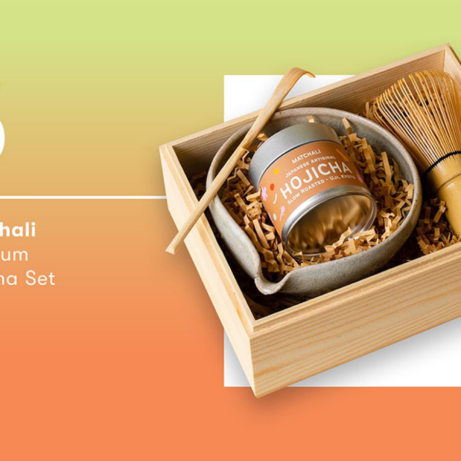 A wooden box containing a tin of Matchali’s hojicha powder, a tea bowl, a teaspoon and a tea whisk