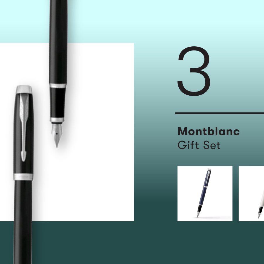 A black and gold fountain pen from Parker. A white fountain pen from Parker. A navy fountain pen from Parker