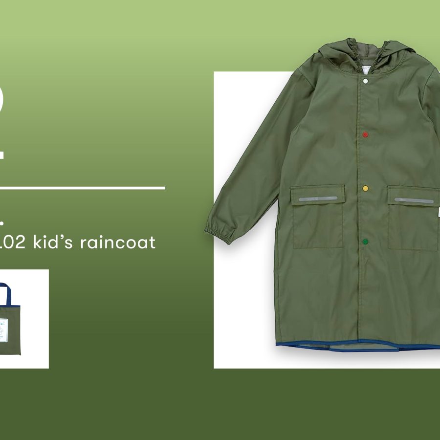 A khaki tote bag with a blue handle and a “kids raincoat” label, a hooded kid’s khaki raincoat with two pockets and multicoloured buttons