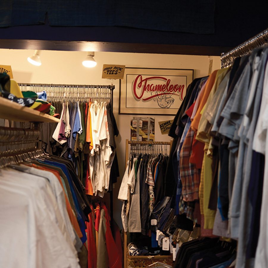 Racks of clothes inside thrift shop Cary Lane in Haight-Ashbury, San Francisco