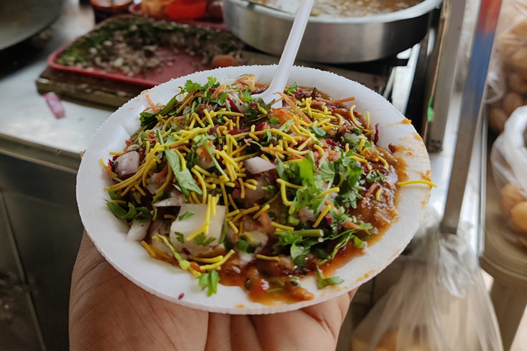 A plate of chaat from an Indian street food vendor