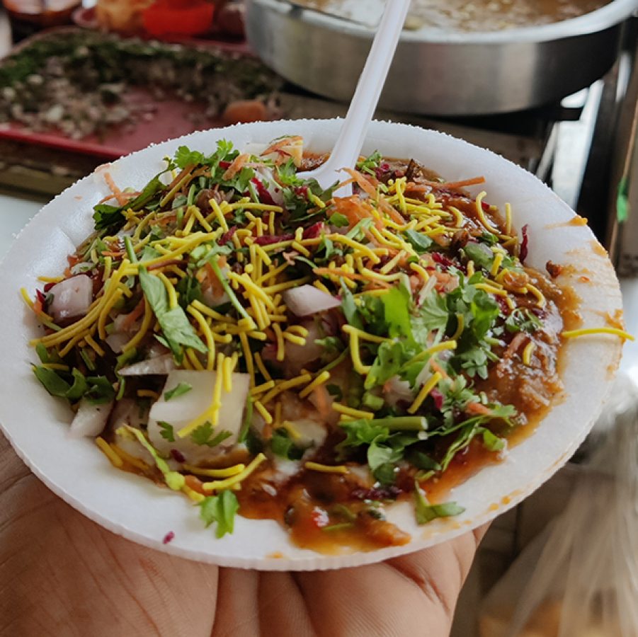 A plate of chaat from an Indian street food vendor