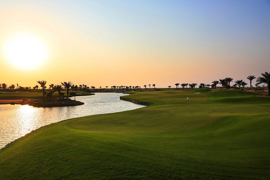 A lake and palm trees at sunset at Royal Greens Golf & Country Club 