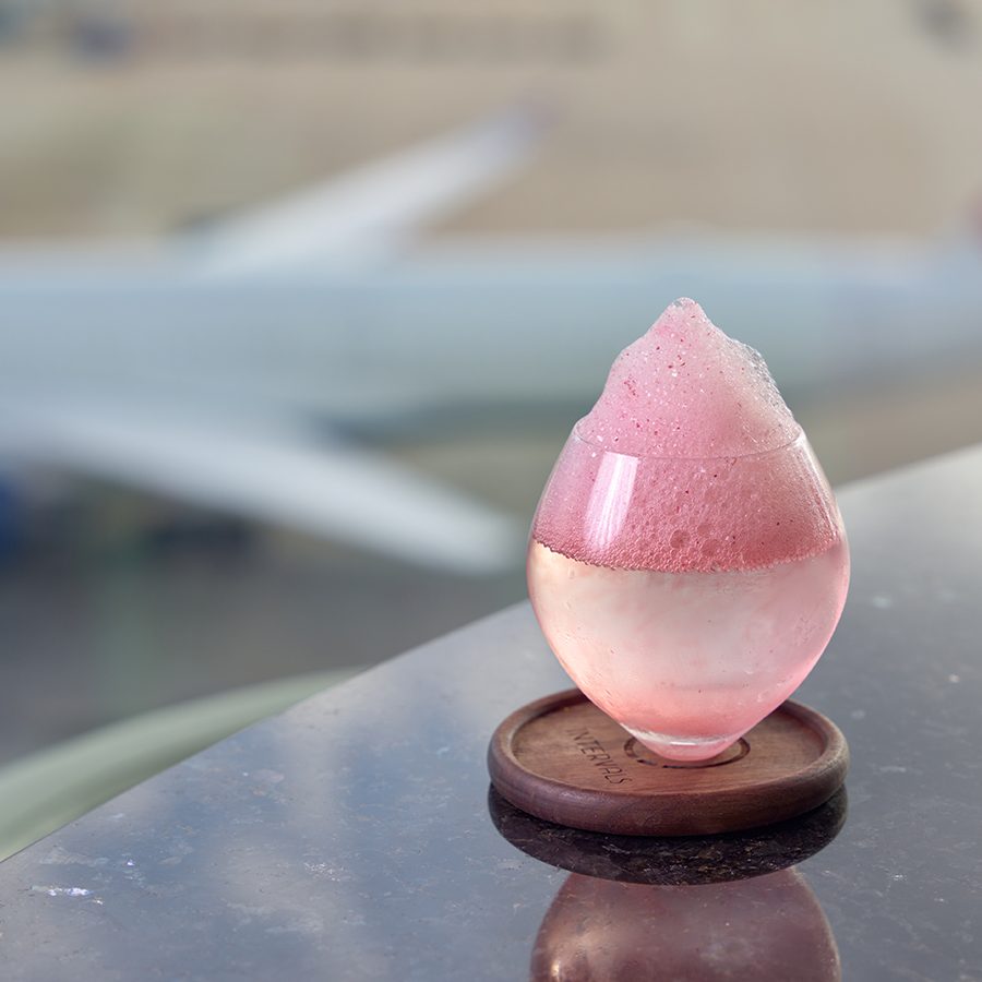 A pink cocktail served at Intervals Sky Bar & Restaurant, Hong Kong International Airport.