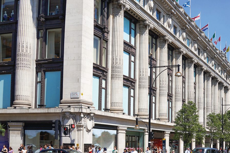An exterior shot of famous department store Selfridges on Oxford Street in London