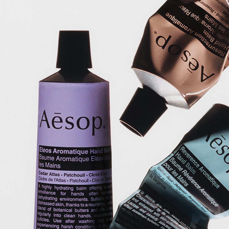 Three types of Aesop-branded hand balms, including Eleos Aromatique, Reverence Aromatique and Resurrection Aromatique