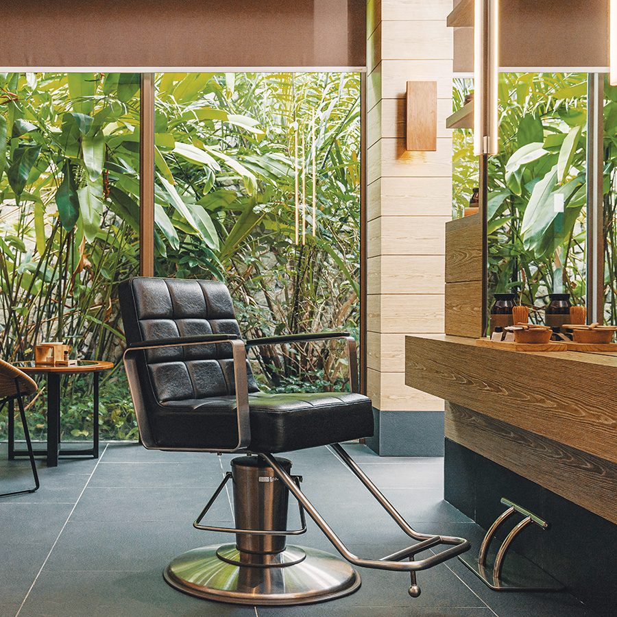 A salon chair in front of a mirror next to a sunlit window with greenery outside. 