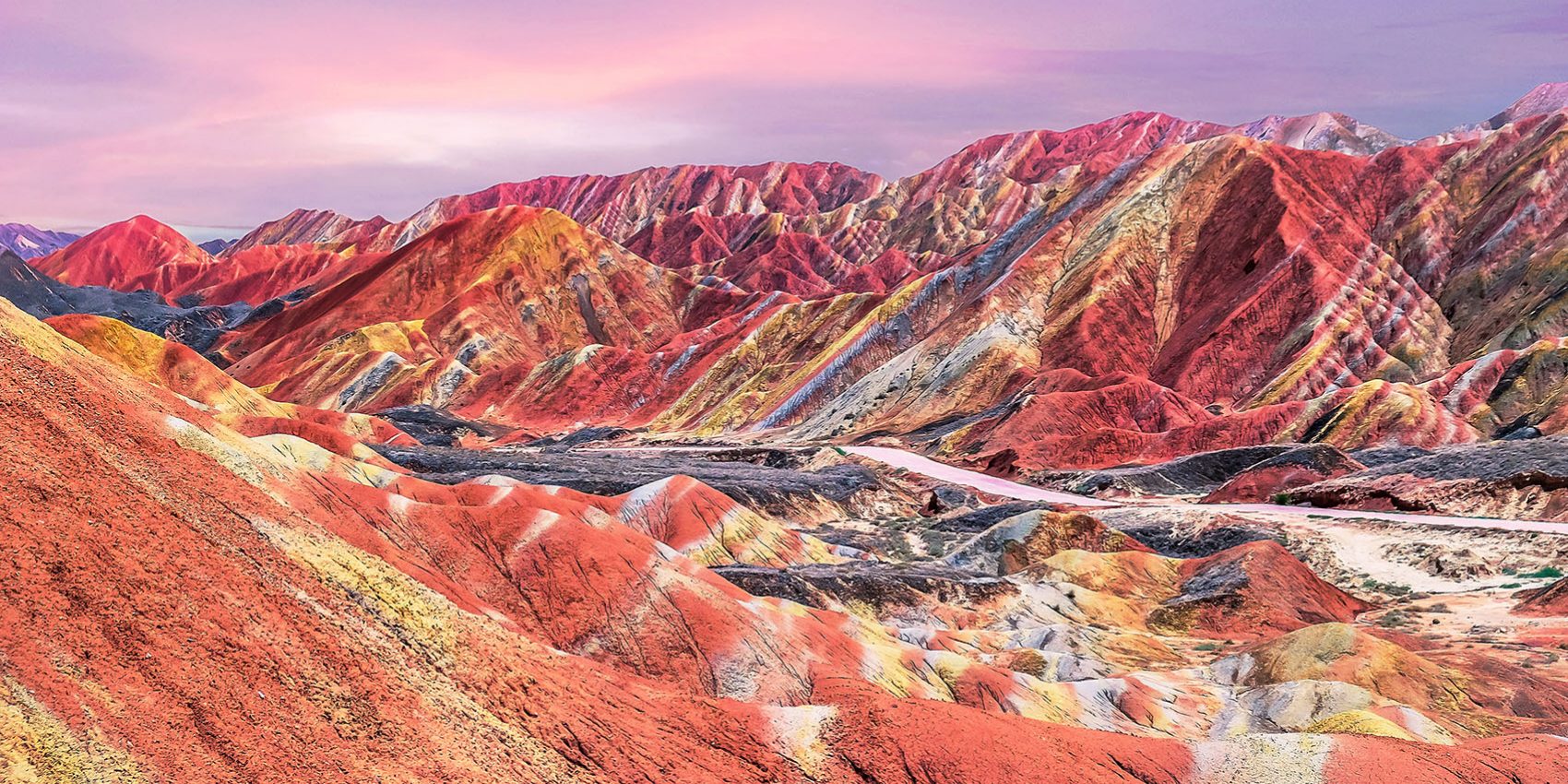 Sunset over China's rainbow mountains
