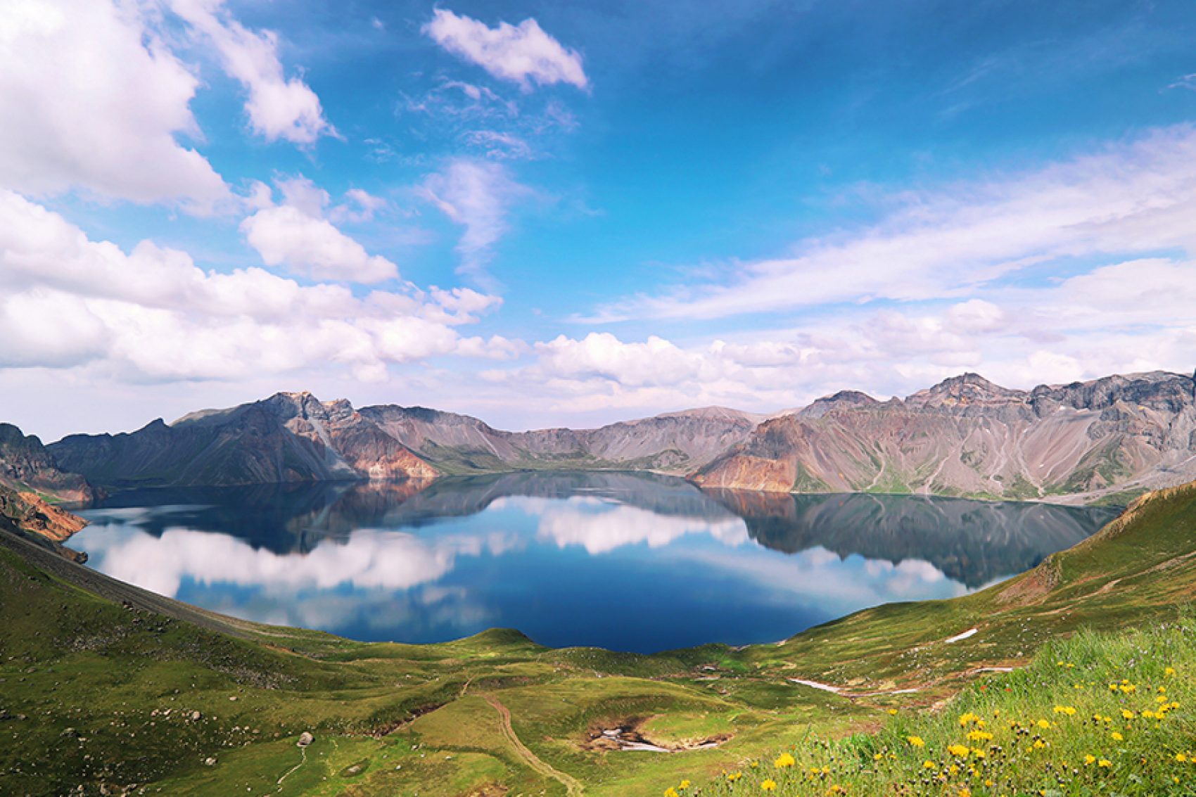 Heavenly Lake with Changbai Mountain in the background and blue skies above