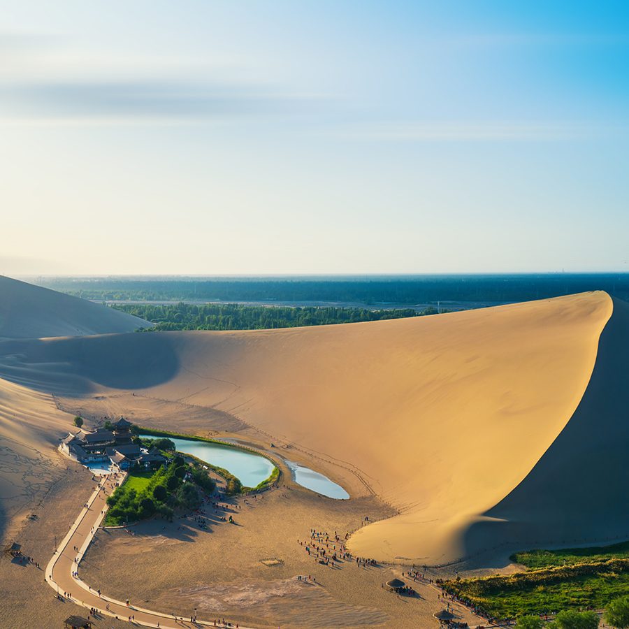 Crescent Lake surrounded by the sand dunes of Mingsha Mountain 