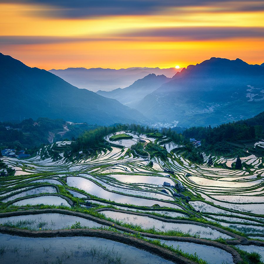 Yunhe Rice Terraces against a mountain backdrop during sunrise