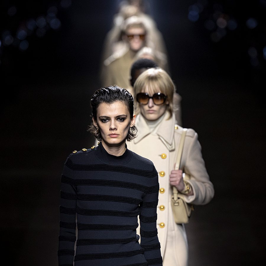 Models showing off Tom Ford’s clothing collection during a fashion show.