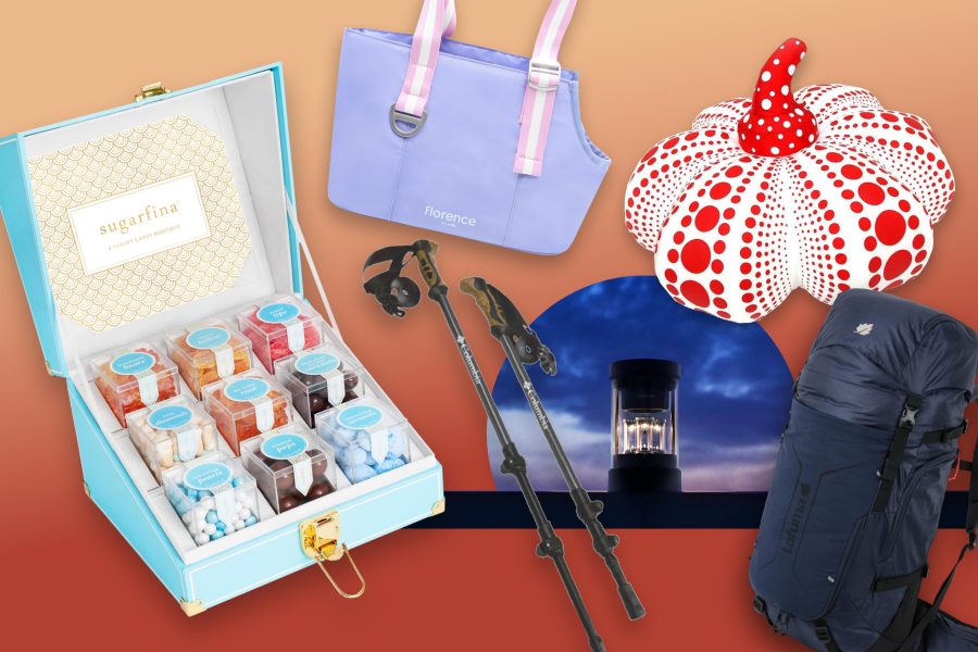 A collage of items with an orange-red gradient background.