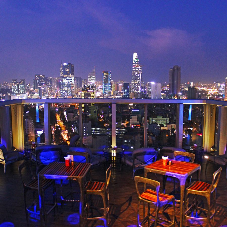 A view of Ho Chi Minh City skyline at night on the rooftop of Mad Cow Wine & Grill.