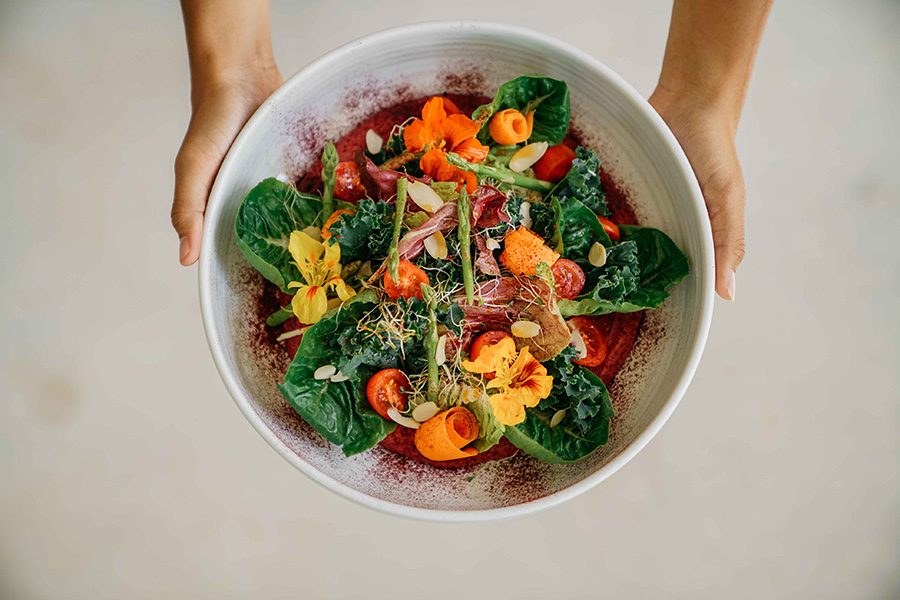 Outreached hands holding a colourful bowl of salad.