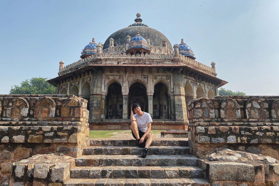  Cathay Pacific Flight Purser Eibrab Ho sitting on the steps outside Isa Khan’s tomb in Delhi.