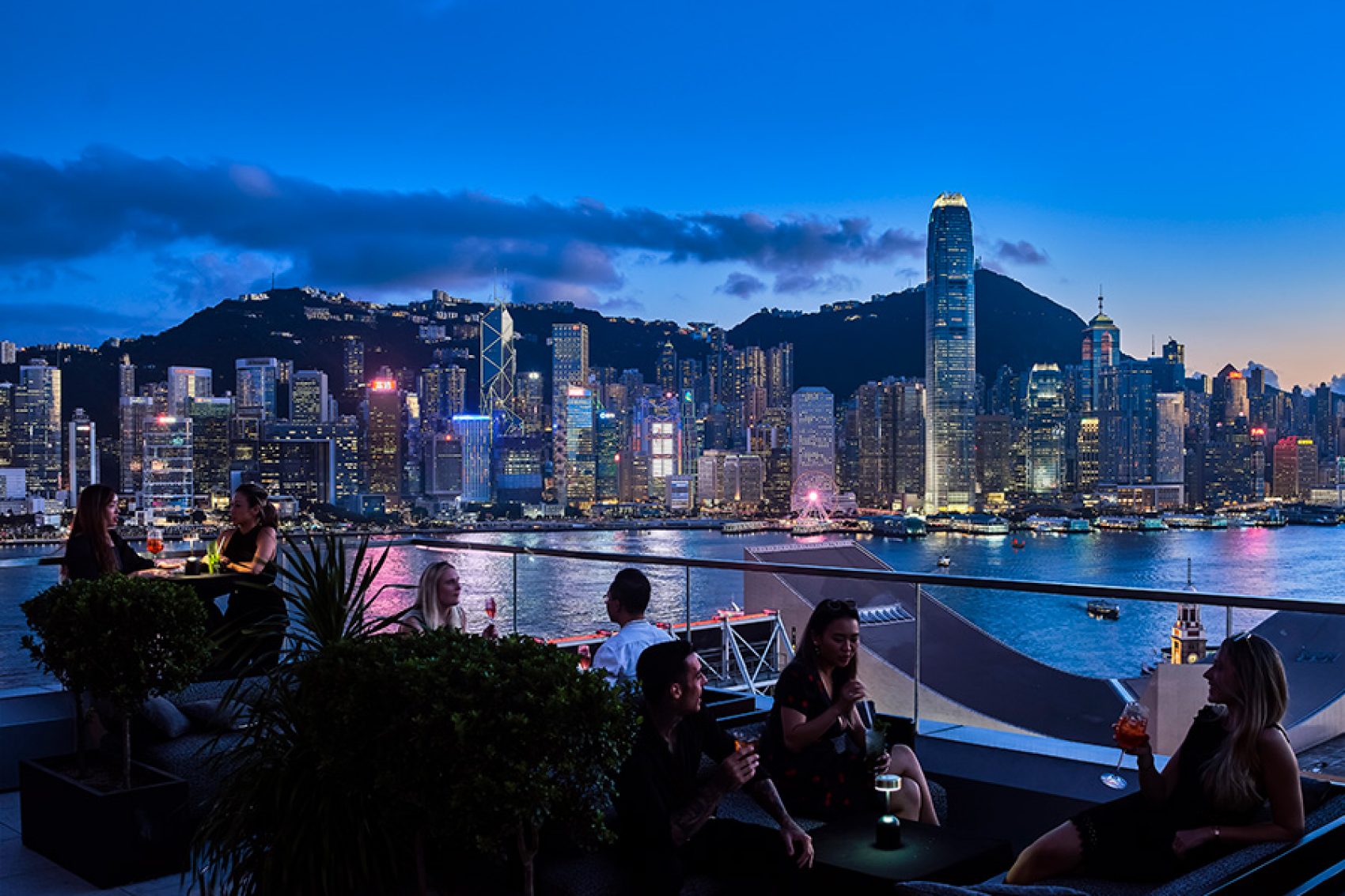 The garden terrace of Aqua Spirit in Hong Kong in the evening. 