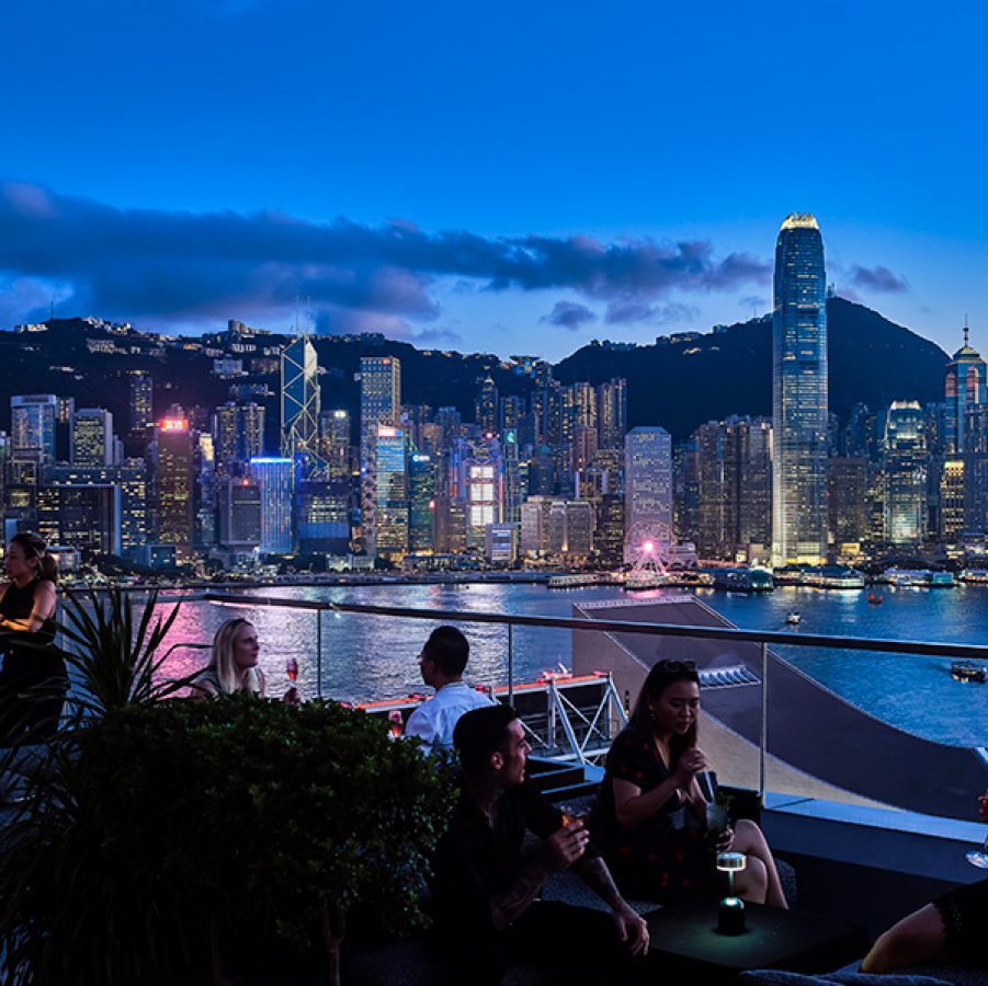 The garden terrace of Aqua Spirit in Hong Kong in the evening. 