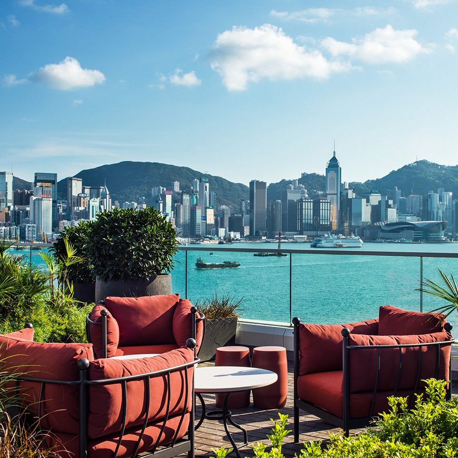 The outdoor terrace of Red Sugar at the Kerry Hotel in Hong Kong in the daytime. 