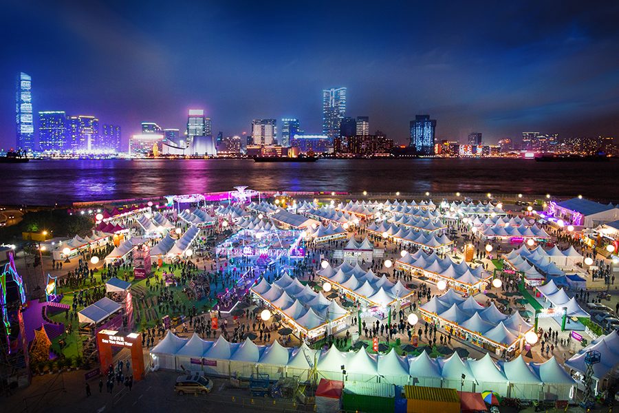 Aerial view of tents along Hong Kong's waterfront for the Wine & Dine Festival.
