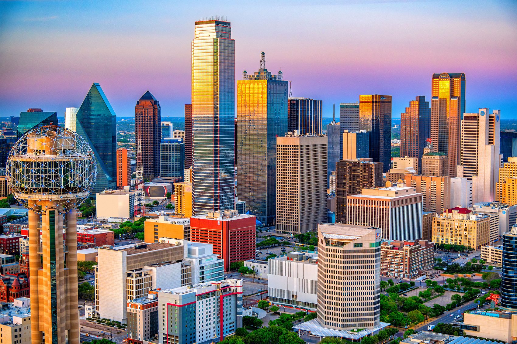 View of the Dallas skyline against a sunset.