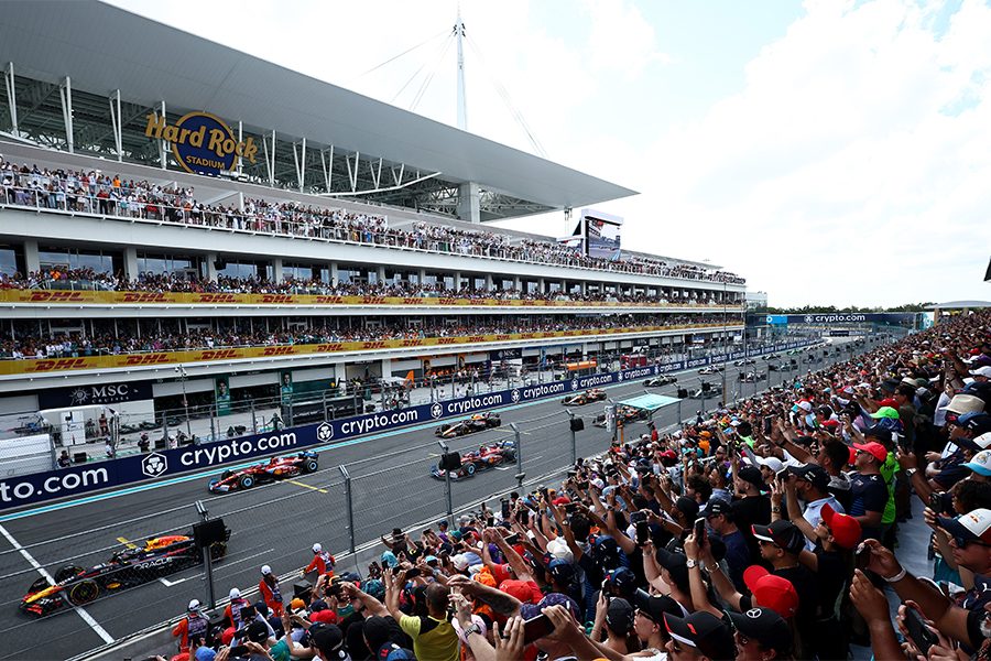 F1 cars lined up on a grid at the Miami Grand Prix.