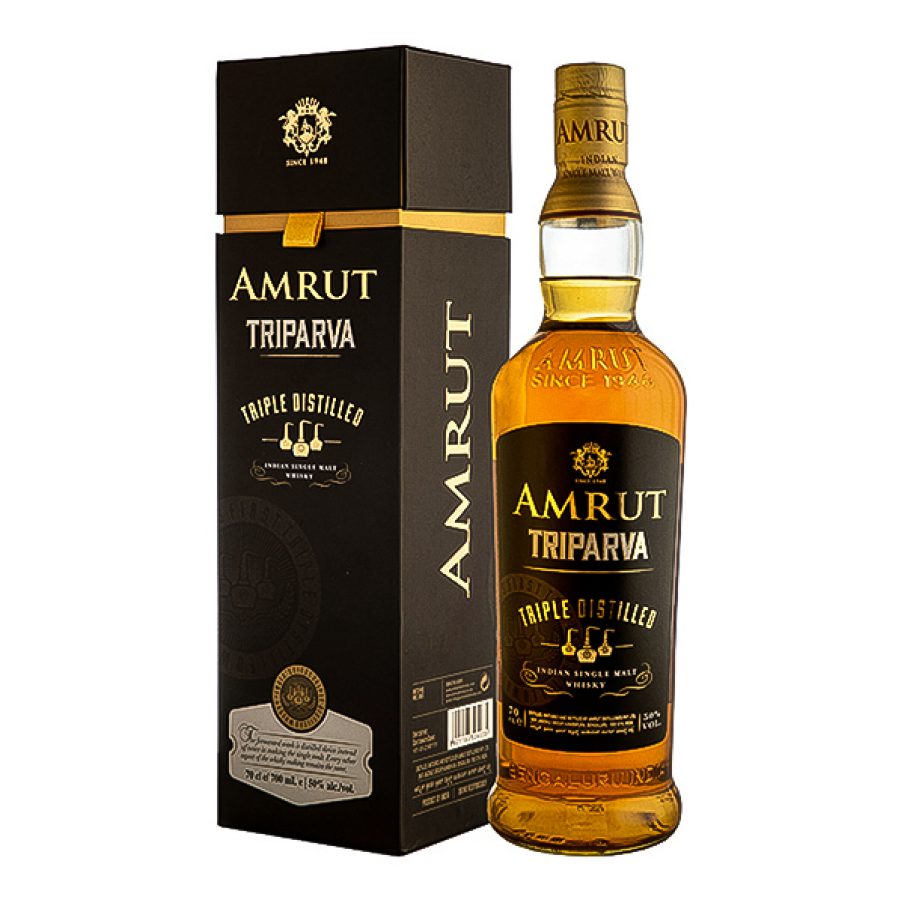 A bottle of Amrut Triparva Triple Distilled Single Malt next to its box. 