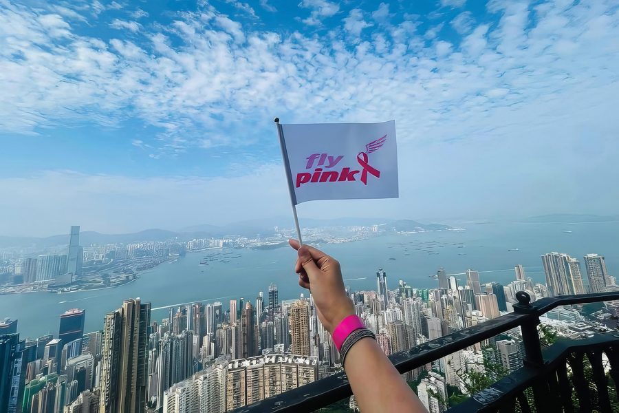 A hand holding a flag with a pink breast cancer ribbon and “fly pink” text on it. Blue skies and Hong Kong’s skyline are in the background. 
