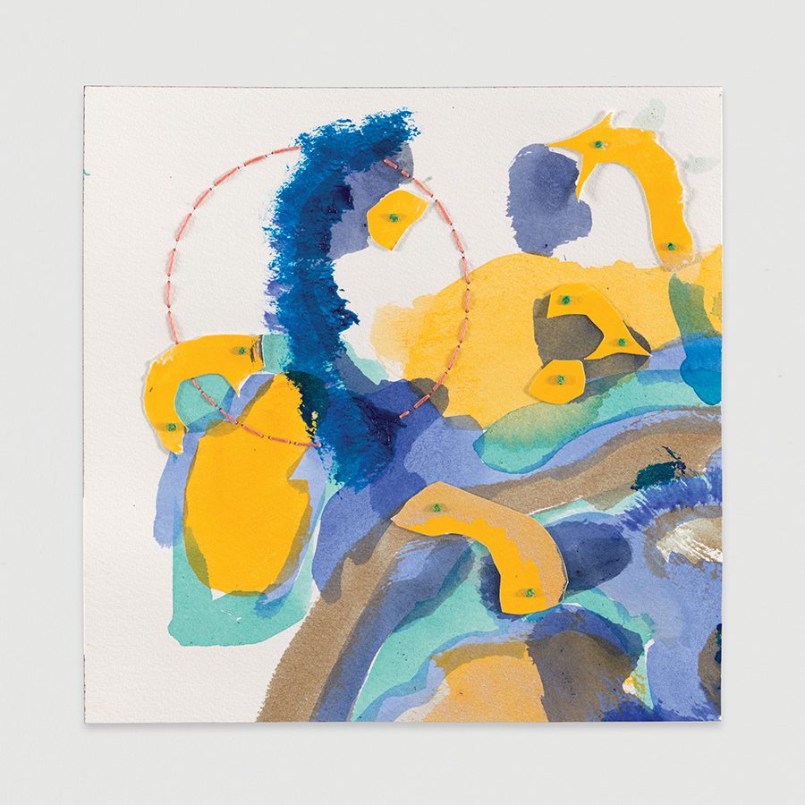 An abstract painting with blue and yellow colours by Jessica Rankin. 