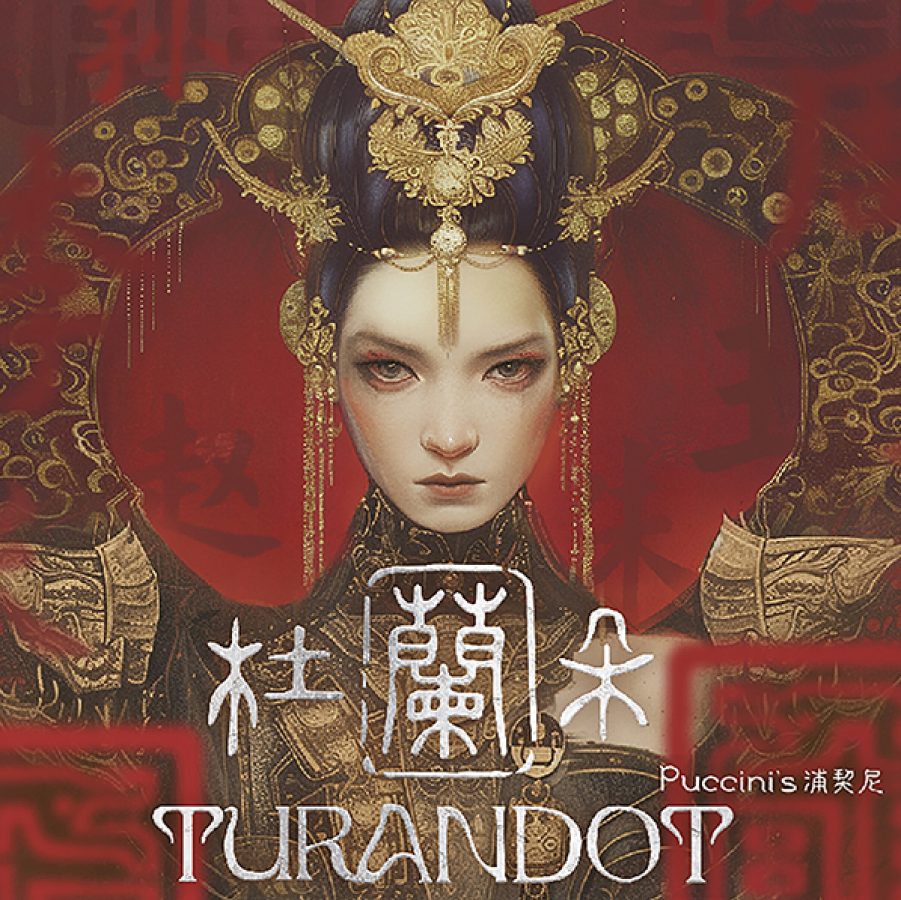 A poster for Puccini’s Turandot, featuring an illustration of a woman in traditional Chinese garment. 