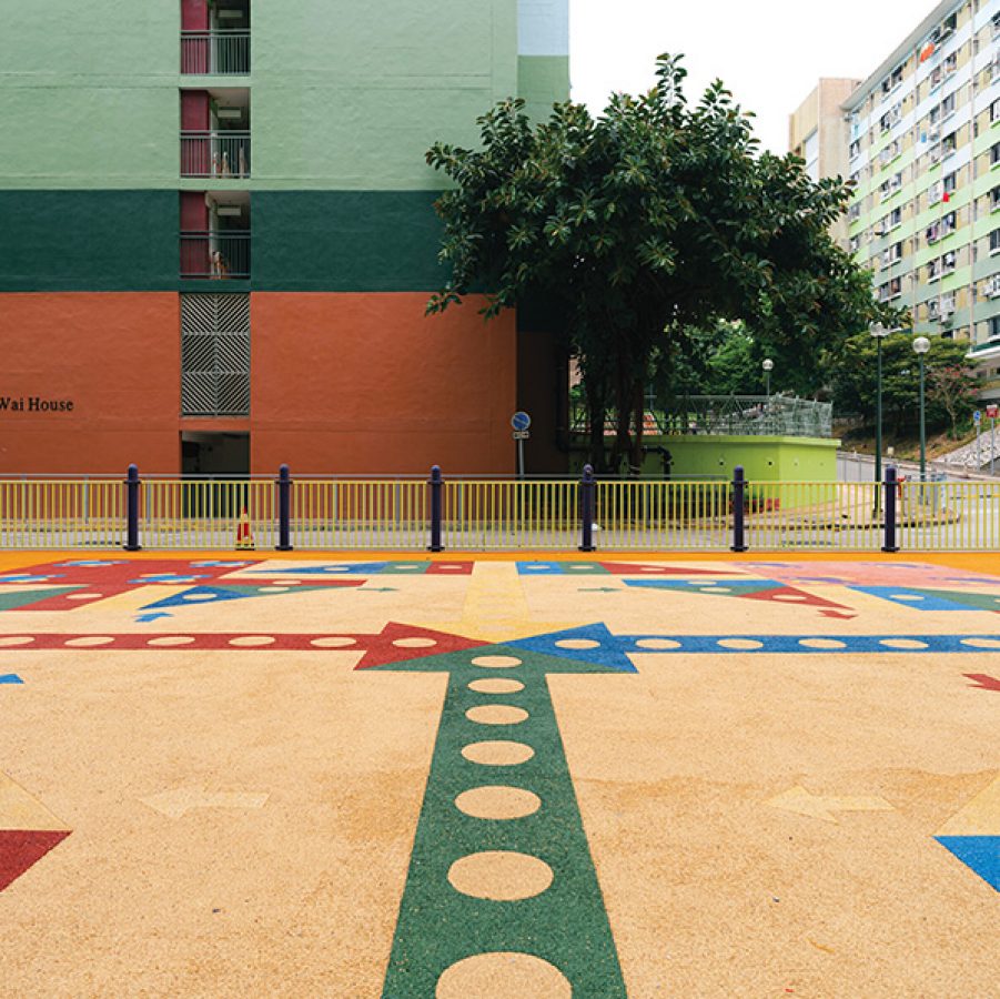 A giant aeroplane chess board playground in the design of an old Hong kong childhood board game near Nam Tai House in Shek Kip Mei, Hong Kong