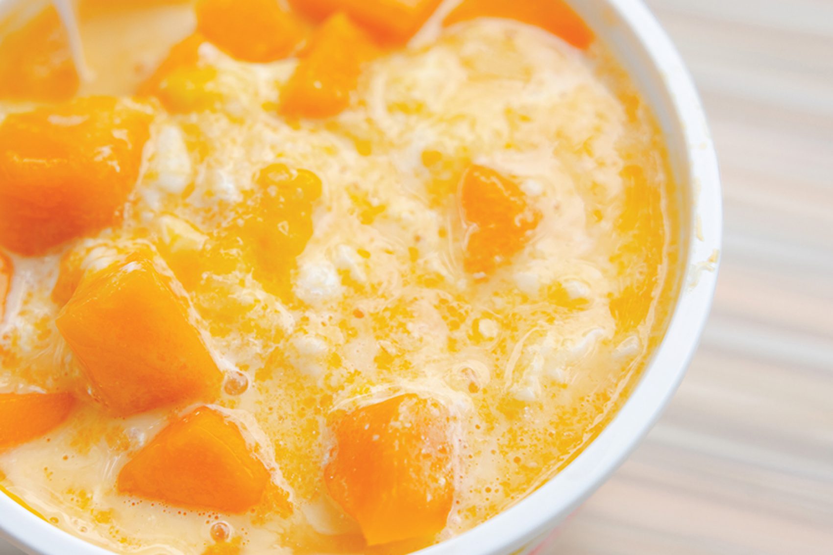 A close-up of a Hong Kong mango dessert served at Nam Shan Vanilla Shaved ice served in Shek Kip Mei, Hong Kong