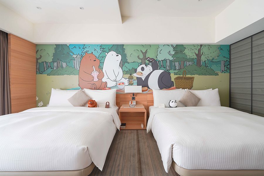 Interior of a We Bare Bears-themed hotel room at HOTEL COZZI Ximen Tainan.