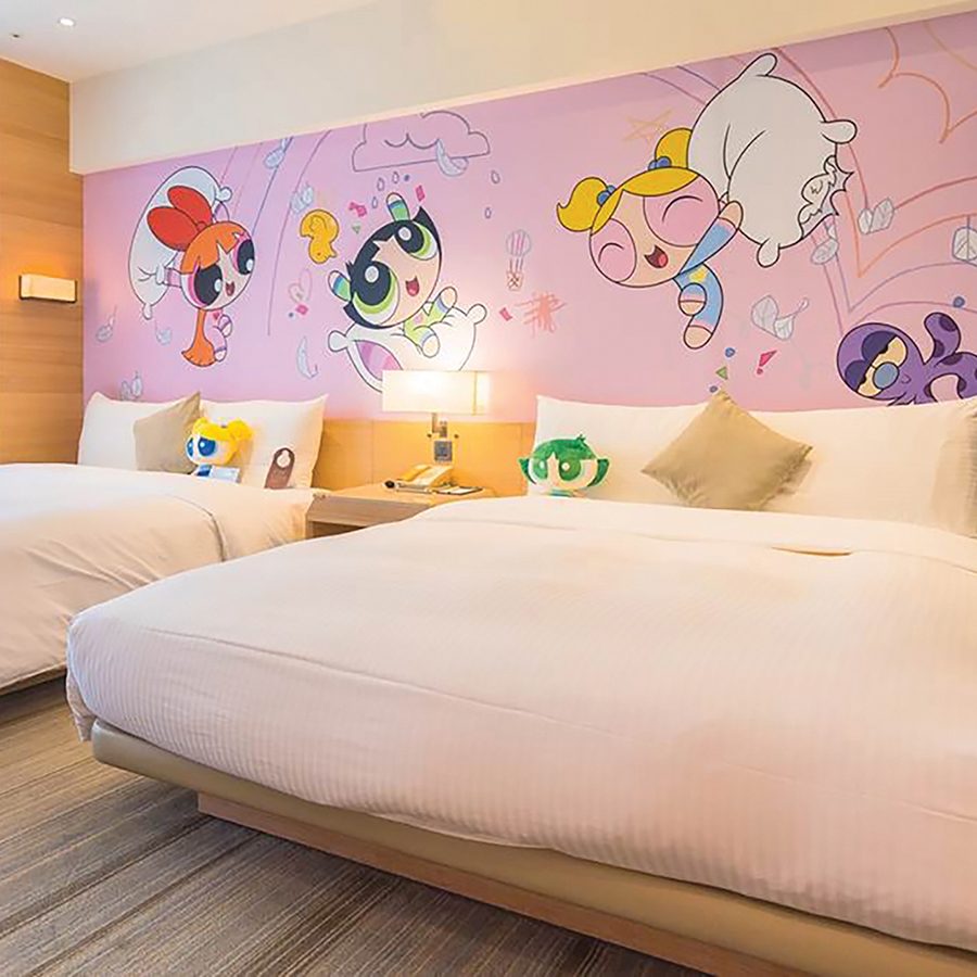 Interior of a Powerpuff Girls-themed room at HOTEL COZZI Ximen Tainan.