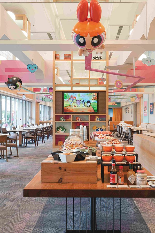 Complimentary daily breakfast buffet decorated with Powerpuff Girls-themed decor at HOTEL COZZI Ximen Tainan.