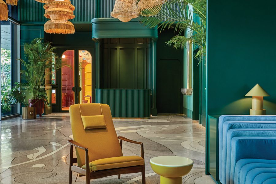 The colourful lobby of The Standard, Bangkok Mahanakhon