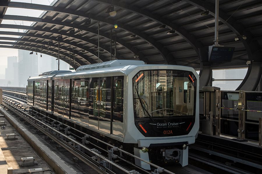 A train, part of Macao’s Light Rapid Transit System (MLRT), stops at a station.