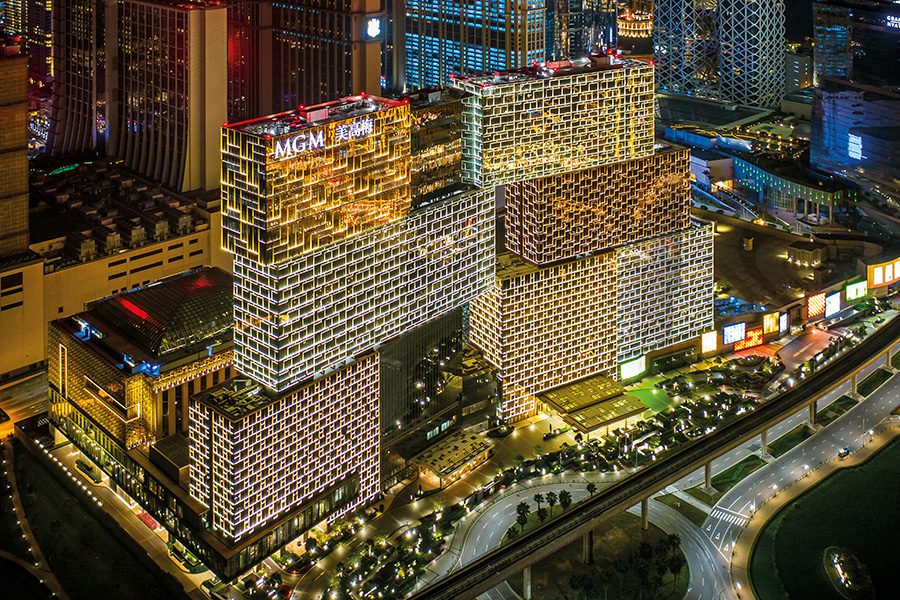 MGM Cotai from above and lit up at night. 
