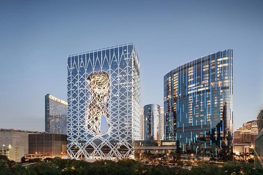 Morpheus Hotel’s exterior, which features a crisscrossing exoskeleton over a fluid building design.  