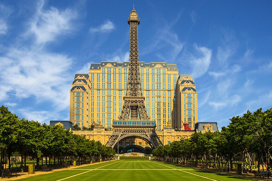 The Parisian Macao’s Eiffel Tower replica in front of the hotel’s main building.  