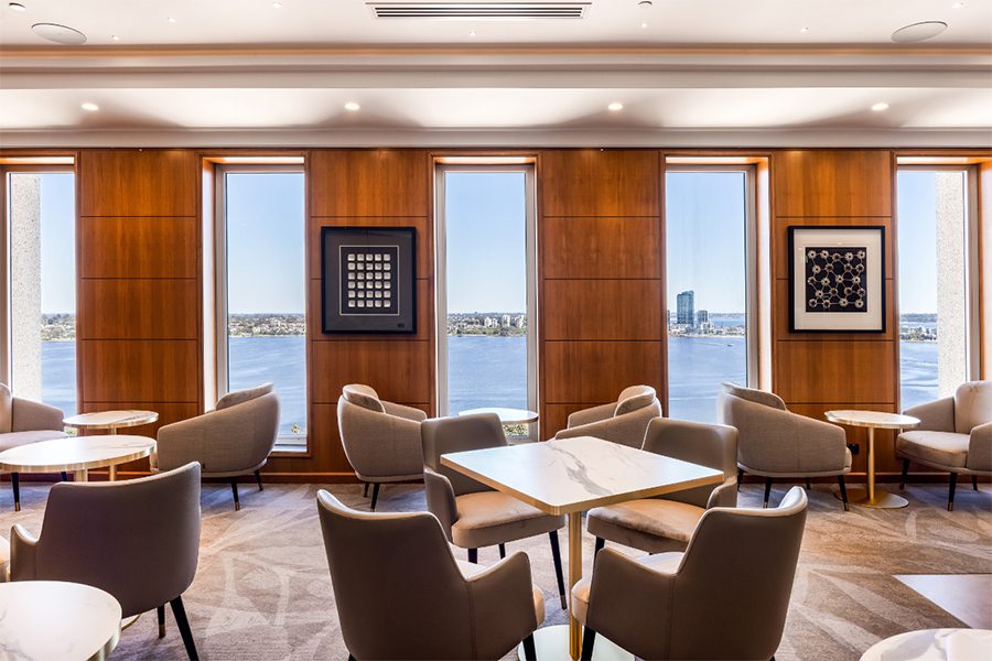 View of the water through the windows at the Duxton Hotel Perth Club Lounge.